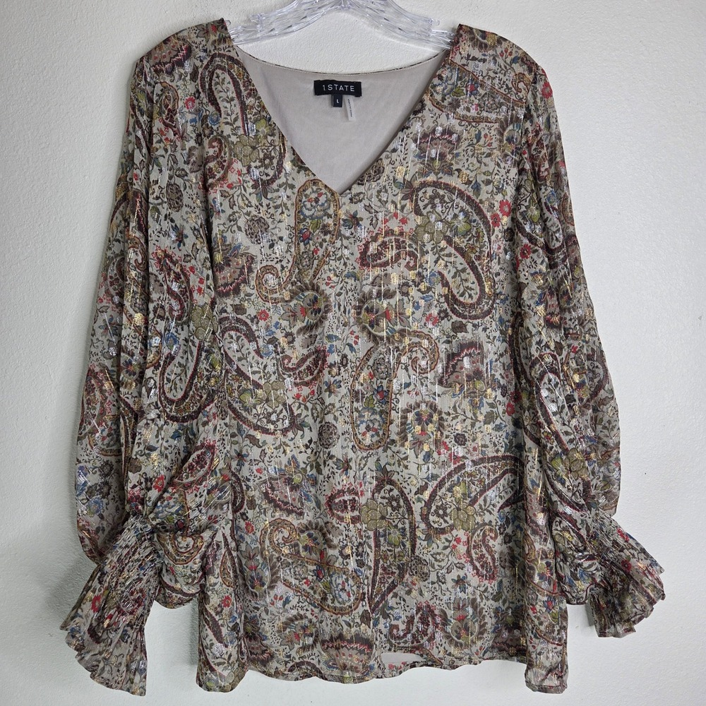 1 STATE Top Large Brown Paisley Floral Metallic V-Neck Blouse Long‎ Sleeve Sheer